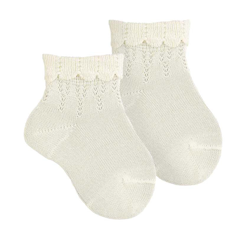 [Condor] Ceremony Ankle Socks With Openwork and Folded Cuff - [303] Beige