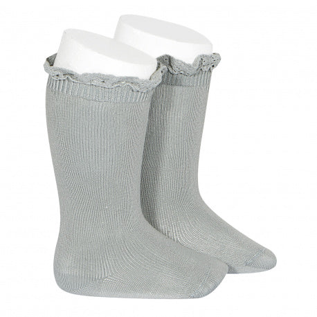 [Condor] Knee Socks With Lace Edging Cuff - [756 Dry Green]