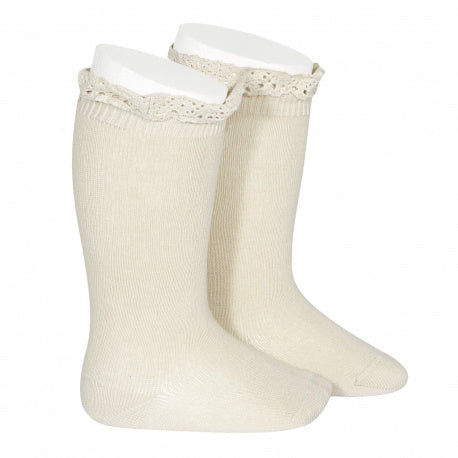 [Condor] Knee Socks With Lace Edging Cuff - [304 Linen]